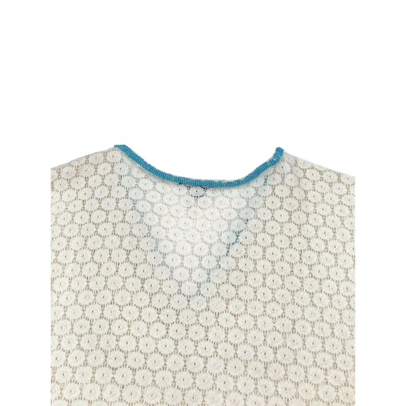 Alberto Makali Poncho Cape Womens Medium Ivory Cotton Fringe Lace Beaded V-Neck - Picture 4 of 8